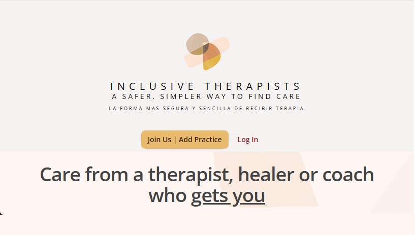 logo for inclusivetherapists.com, says "care from a therapist, healer or coach who gets you" underneath