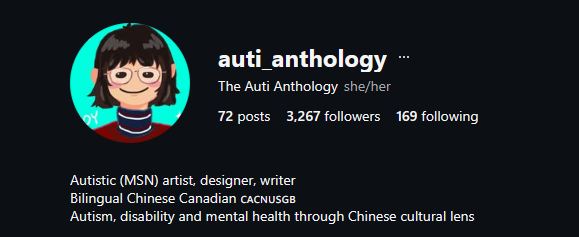 instagram profile of auti_anthology, profile picture is a cartoon of a girl with glasses and short black hair