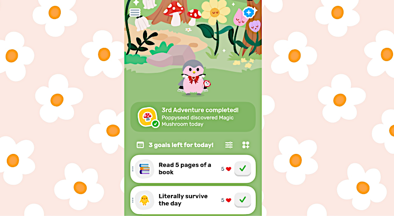 screenshot of finch app with pink cartoon bird and goals that say "read 5 pages of a book" and "literally survive the day"