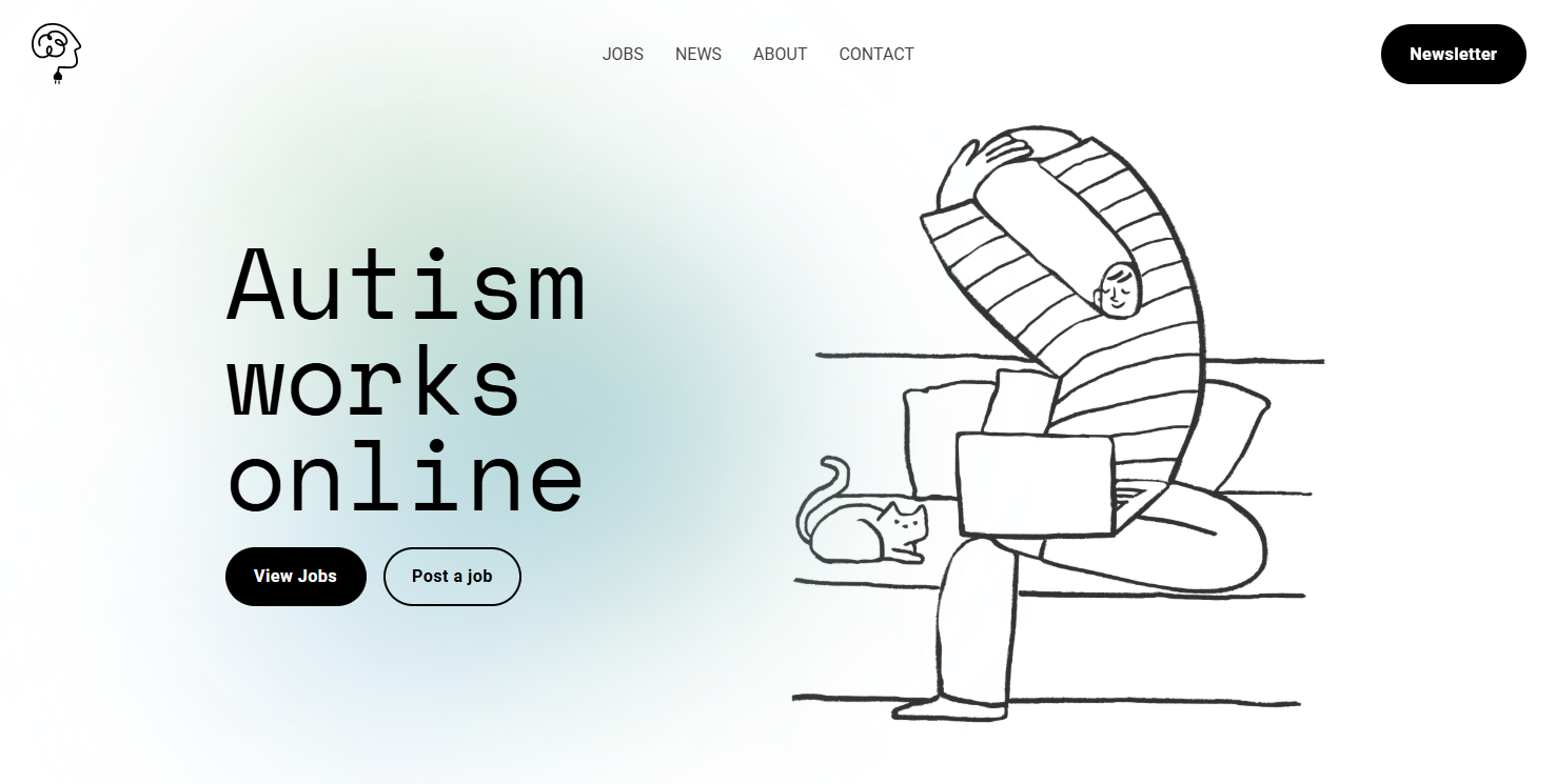 screenshot of Autism Works Online homepage with cartoon doodle of a person working from home