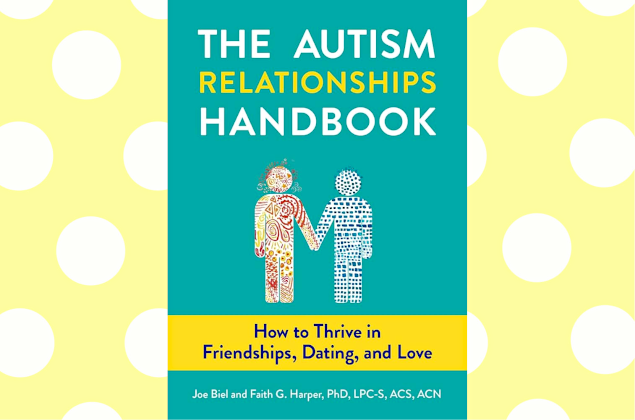 teal book titles "autism relationships handbook: how to thrive in friendships, dating, and love" with two stick figures holding hands