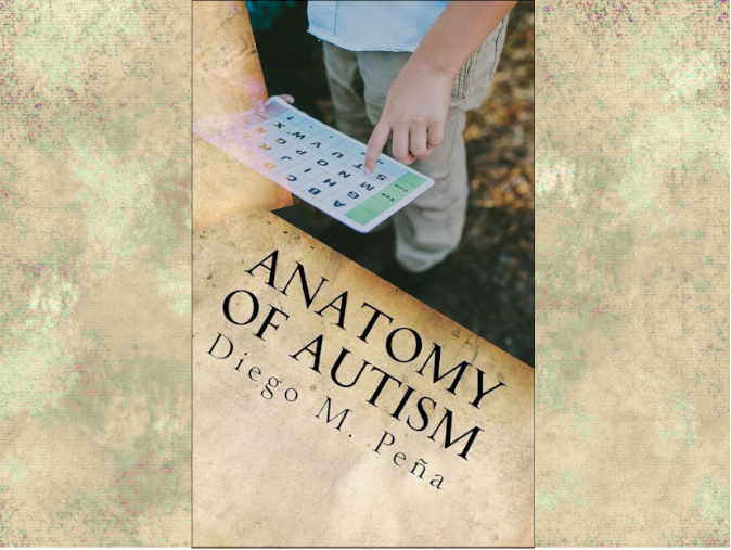 book called "anatomy of autism" with photo of child pointing to letters on AAC device
