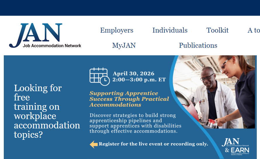 white and blue website that says "job accommodation network" with a menu and graphic advertising free employer training