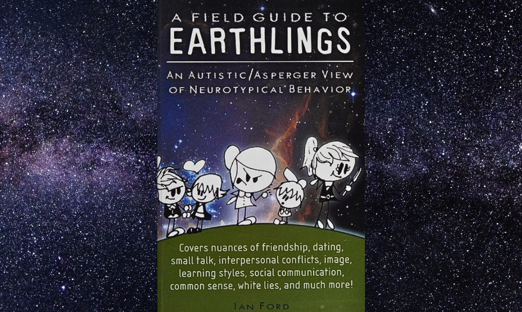 field guide to earthlings book cover (white stick figures on grass in front of space) with space background