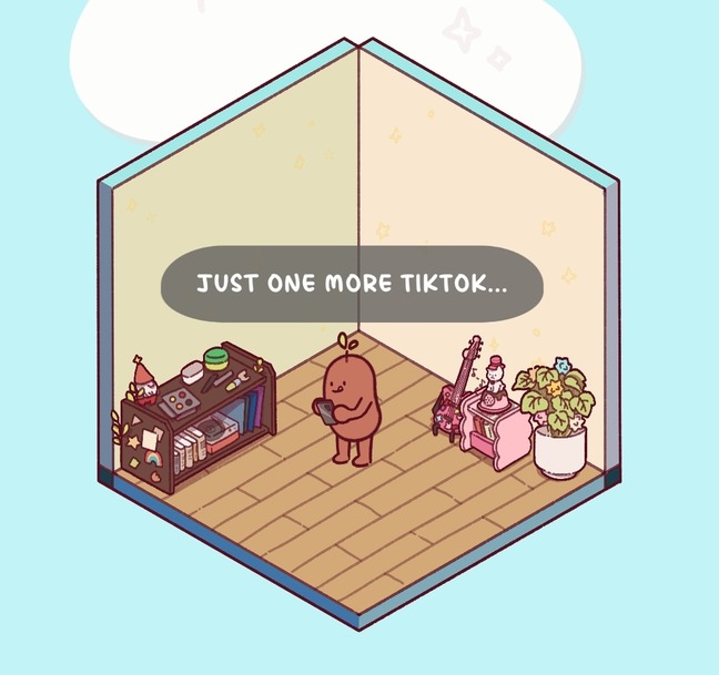cartoon bean in a room holding a phone and saying "just one more tiktok..."